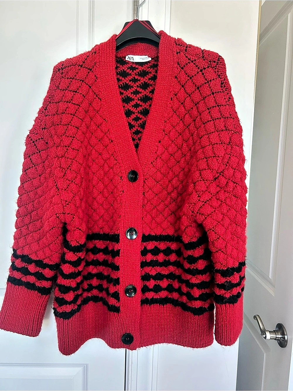 Zara Knit Cardigan Red & Black Geometric Size Medium